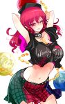  1girl ;) armpit_peek arms_behind_head arms_up bangs black_shirt breasts chains clothes_writing collar cowboy_shot crop_top earth_(ornament) gold_chain groin hecatia_lapislazuli highres large_breasts long_hair looking_at_viewer moon_(ornament) multicolored multicolored_clothes multicolored_skirt navel off-shoulder_shirt one_eye_closed parted_lips plaid plaid_skirt pointy_ears polos_crown raptor7 red_eyes redhead shirt skirt smile solo stomach t-shirt touhou 