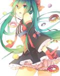  1girl black_dress cowboy_shot detached_sleeves doughnut dress eyebrows_visible_through_hair fingerless_gloves floating_hair food from_below gloves green_eyes green_hair hair_between_eyes hair_ribbon hatsune_miku long_hair looking_at_viewer looking_back necktie open_mouth pink_shorts red_gloves red_necktie red_ribbon ribbon short_dress short_shorts shorts simple_background sketch sleeveleess_dress solo standing striped twintails vertical_stripes very_long_hair vocaloid white_background 