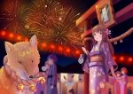  1boy 4girls absurdres animal bell brown_hair eyebrows_visible_through_hair fireworks fish flower fox hair_flower hair_ornament highres holding_bag japanese_clothes kimono looking_away miki_yuu multiple_girls open_mouth original red_eyes red_ribbon ribbon triangle_mouth yellow_eyes yukata 