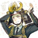  1boy armor atsushi_toushirou black_hair grey_eyes grin helmet houhou_(black_lack) japanese_armor kabuto kiwame_(touken_ranbu) kote male_focus necktie sketch smile touken_ranbu upper_body 