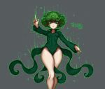  1girl breasts covered_navel curly_hair green_eyes green_hair grey_background highres hips one-punch_man short_hair simple_background small_breasts solo tatsumaki the_golden_smurf thick_thighs thighs 