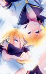  1boy 1girl black_shorts blonde_hair blue_eyes brother_and_sister collarbone crop_top detached_sleeves df=6 from_abov hair_between_eyes hair_ribbon headphones kagamine_len kagamine_rin looking_at_viewer lying microphone midriff navel on_back on_side parted_lips ribbon shirt short_hair short_shorts short_sleeves shorts siblings sleeveless vocaloid white_shirt whtier_bibon 