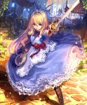 1girl alice_(shingeki_no_bahamut) artist_request blonde_hair blue_eyes boots card clock crown cygames dress flower hairband hand_on_hip holding holding_sword holding_weapon long_hair official_art playing_card pocket_watch pointing_sword ribbon shadowverse shingeki_no_bahamut sword watch weapon 