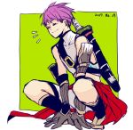  1boy closed_eyes dated fate/grand_order fate_(series) fergus_mac_roich_(young)_(fate/grand_order) gloves green_background male_focus purple_hair simple_background sleeveless smile solo squatting sword weapon 