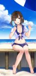  1girl animal artist_name bangs beach beach_umbrella bikini bikini_top bird blue_bikini blue_skirt blue_sky blush breasts brown_eyes brown_hair cleavage clouds cloudy_sky collarbone commentary_request crop_top day flying food front-tie_top groin hand_up hanekoto highres holding looking_at_viewer microskirt midriff navel ocean original outdoors pleated_skirt popsicle shirt short_hair sitting skirt sky small_breasts smile solo swimsuit twitter_username umbrella v water white_shirt 