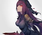  1girl armor bangs bodysuit breasts brown_hair fate/grand_order fate_(series) from_side headdress holding holding_weapon large_breasts long_hair looking_at_viewer parted_bangs parted_lips polearm purple_bodysuit red_eyes scathach_(fate/grand_order) shoulder_armor sketch slit_pupils solo spear upper_body walzrj weapon white_background 