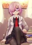 1girl black_legwear black_skirt blush book_stack eyebrows_visible_through_hair fate/grand_order fate_(series) glasses hair_over_one_eye hey_xander highres looking_at_viewer necktie pantyhose parted_lips pink_hair red_necktie shielder_(fate/grand_order) short_hair sitting skirt solo violet_eyes 