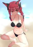  1girl animal_ears asuzemu bikini black_swimsuit braid breasts cat_ears cleavage groin hair_between_eyes highres kaenbyou_rin long_hair medium_breasts navel red_eyes redhead sketch solo strap_gap swimsuit touhou twin_braids twintails 