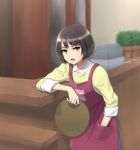  1girl :o blurry blurry_background brown_hair cash_register countertop grazie_loggins hand_in_pocket holding holding_tray indoors looking_at_viewer plant potted_plant sakura_quest short_hair solo standing suzuki_erika tray 
