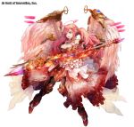  1girl :o angel angel_wings bank_of_innovation black_gloves blue_eyes breasts cleavage cryptract dress fire frilled_dress frills full_body gloves halo lance looking_to_the_side medium_breasts official_art pink_hair polearm solo twintails uriel_(cryptract) weapon white_dress wings 