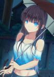  1girl absurdres bangs bare_shoulders black_hair blue_eyes closed_mouth collarbone highres hips holding holding_umbrella long_hair looking_at_viewer midriff navel original outdoors parted_lips rafael-m rain sidelocks solo umbrella upper_body 