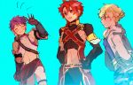  3boys alexander_(fate/grand_order) blonde_hair blue_background child_gilgamesh fate/grand_order fate/hollow_ataraxia fate_(series) fergus_mac_roich_(young)_(fate/grand_order) male_focus midriff multiple_boys purple_hair redhead shorts simple_background trait_connection waving 