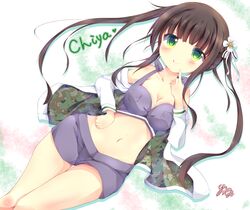  1girl :q bangs bare_shoulders bikini_top blunt_bangs blush breasts brown_hair camouflage character_name cleavage collarbone commentary_request eyebrows_visible_through_hair finger_to_face flower gochuumon_wa_usagi_desu_ka? green_eyes grey_bikini_top grey_shorts hair_flower hair_ornament hair_ribbon halter_top halterneck heart hinata_yuu_(atelierhinata) jacket long_hair long_sleeves looking_at_viewer lying madium_breasts medium_breasts multicolored multicolored_background navel off_shoulder on_back pocket ribbon shadow short_shorts shorts sidelocks signature smile solo stomach striped striped_ribbon tongue tongue_out twintails ujimatsu_chiya white_jacket white_ribbon 