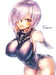  1girl arms_behind_back bare_shoulders breasts fate/grand_order fate_(series) large_breasts pink_eyes pink_hair rondo_bell shielder_(fate/grand_order) short_hair simple_background smile solo thighs white_background 