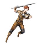  1boy boots brown_eyes brown_hair fingerless_gloves fire_emblem fire_emblem_echoes:_mou_hitori_no_eiyuuou fire_emblem_heroes full_body gloves highres male_focus official_art solo sword tobin_(fire_emblem) transparent_background weapon 