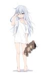  10s 1girl alternate_costume arm_at_side bare_legs barefoot blue_eyes cnm full_body hat hibiki_(kantai_collection) highres kantai_collection long_hair messy_hair one_eye_closed peaked_cap shirt silver_hair simple_background sleepwear sleepy standing stuffed_animal stuffed_toy teddy_bear toes verniy_(kantai_collection) white_background white_shirt 