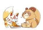  aburaage crossover eating food food_on_face fox houhou_(black_lack) konnosuke no_humans shimogamo_yasaburou tanuki touken_ranbu uchouten_kazoku 