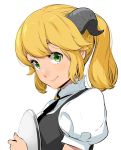  1girl aretta blonde_hair dress enami_katsumi green_eyes horns isekai_shokudou long_hair looking_at_viewer ponytail puffy_sleeves simple_background smile solo tray white_background 