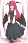  1girl :d bat_wings blush book breasts commentary_request eyebrows_visible_through_hair full_body head_wings highres holding holding_book koakuma long_hair looking_at_viewer low_wings necktie open_mouth red_eyes red_necktie redhead shoes simple_background smile solo touhou uumaru very_long_hair white_background wings 