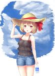  1girl arm_at_side bare_arms bare_shoulders black_camisole blonde_hair blue_sky bottle clouds cowboy_shot day denim denim_shorts fang hair_ribbon hand_on_headwear hat highres looking_at_viewer open_mouth outdoors pocari_sweat red_eyes ribbon rumia sarise0916 short_hair shorts sky solo standing straw_hat sweat touhou 
