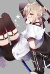  1girl ahoge black_legwear black_ribbon blonde_hair fate/grand_order fate_(series) glasses hair_ribbon heroine_x heroine_x_(alter) highres ichinosenen ribbon saber semi-rimless_glasses short_hair sitting solo thigh-highs yellow_eyes 