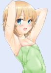  1girl armpits bangs blonde_hair blue_background blue_eyes camisole casual commentary_request erect_nipples eyebrows_visible_through_hair fang flat_chest girls_und_panzer green_shirt highres itou_ayachi katyusha looking_at_viewer open_mouth shirt short_hair smile solo spaghetti_strap standing sweat 