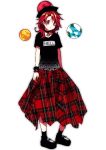  1girl alternate_costume black_legwear black_shirt black_shoes choker collarbone cuffs full_body hair_over_shoulder hecatia_lapislazuli highres kyouda_suzuka looking_at_viewer medium_hair pentagram plaid plaid_skirt polos_crown red_eyes red_skirt redhead shirt shoes short_sleeves simple_background skirt socks solo standing touhou white_background 