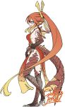  1girl 2017 agnaktor blush breasts china_dress chinese_clothes claws dated dragon_ears dragon_girl dress green_eyes hair_ornament highres long_hair monster_hunter multicolored_hair no_pupils open_mouth orange_hair personification ponytail scales side_slit sideboob signature sketch solo tail talons two-tone_hair very_long_hair yoshida_hideyuki 