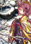  1girl :d black_gloves blurry blush breasts character_request depth_of_field eyebrows_visible_through_hair from_above gloves hair_between_eyes hair_ribbon holding holding_umbrella horns japanese_clothes kimono last_period looking_at_viewer medium_breasts niranome open_mouth oriental_umbrella pink_hair pointy_ears ponytail ribbon smile snow snowing solo standing tree_branch umbrella violet_eyes water yellow_ribbon 