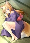  1girl animal_ears bangs bare_legs barefoot blonde_hair blue_eyes blush commentary_request day eyebrows_visible_through_hair fox_ears fox_tail from_above full_body hands_together highres indoors japanese_clothes kimono long_hair long_sleeves looking_at_viewer lying naughty_face obi off_shoulder on_side open_mouth original parted_bangs purple_kimono sash shibacha_(shibacha_0728) sidelocks smile solo tail tatami toes wide_sleeves yukata 