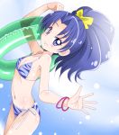  1girl amraam120c bikini blue_bikini blue_eyes blue_hair bracelet cowboy_shot fang flat_chest hair_ribbon high_ponytail highres innertube jewelry kirakira_precure_a_la_mode long_hair looking_at_viewer ponytail precure ribbon side-tie_bikini solo standing swimsuit tategami_aoi yellow_ribbon 