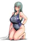  1girl armpits bangs bare_arms bare_legs bare_shoulders barefoot blush breasts closed_mouth collarbone competition_swimsuit full_body green_hair highleg highleg_swimsuit kneeling large_breasts long_hair looking_at_viewer one-piece_swimsuit pink_eyes rozen_maiden smile solo suigintou sweat swimsuit towel tsuda_nanafushi 