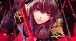  1girl eyebrows_visible_through_hair fate/grand_order fate_(series) highres ichinosenen long_hair looking_at_viewer parted_lips purple_hair scathach_(fate/grand_order) solo upper_body violet_eyes 