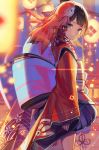  1girl black_hair blurry blurry_background character_request highres japanese_clothes kimono lantern looking_at_viewer looking_back onmyoji outdoors paper_lantern sheep_sleep solo standing 