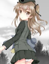  1girl ass bangs beret black_hat black_jacket black_skirt boko_(girls_und_panzer) brown_eyes closed_mouth cowboy_shot crotch_seam flipper forest from_behind frown girls_und_panzer hair_ribbon hat holding holding_stuffed_animal jacket light_brown_hair long_hair looking_at_viewer looking_back military military_uniform miniskirt nature outdoors overcast panties pantyshot pantyshot_(standing) pleated_skirt ribbon selection_university_military_uniform shimada_arisu side_ponytail skirt solo standing stuffed_animal stuffed_toy teddy_bear underwear uniform white_panties 