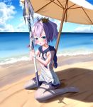  beach bilan_hangxian blue_eyes blush breasts cleavage crown embarrassed gloves hair_ribbon highres holding holding_weapon javelin_(bilan_hangxian) looking_at_viewer ocean parasol polearm purple_hair ribbon sky small_breasts solo spear thigh-highs tongue tongue_out umbrella weapon wet white_legwear 