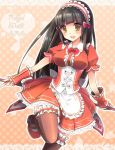  1girl :d ara_han black_hair blush bow bowtie brown_legwear elsword eyebrows_visible_through_hair frilled_hairband garters hair_bow holding holding_weapon kuroshio_maki long_hair looking_at_viewer one_leg_raised open_mouth orange_shirt orange_skirt pleated_skirt polearm red_bow red_bowtie shirt short_sleeves skirt smile solo standing standing_on_one_leg thigh-highs very_long_hair weapon wrist_cuffs yellow_eyes 