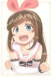  1girl a.i._channel black_ribbon blue_eyes blush brown_hair collarbone detached_sleeves eyebrows_visible_through_hair hairband highres kizuna_ai long_hair long_sleeves looking_at_viewer monosenbei open_mouth ribbon smile solo upper_body 