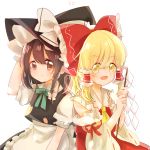  &gt;:d 2girls :/ :d alternate_hairstyle apron ascot bangs bare_shoulders blonde_hair blush bow bowtie brown_eyes brown_hair cosplay costume_switch detached_sleeves frilled_shirt_collar frills gohei hair_bow hair_ribbon hair_tubes hairstyle_switch hakurei_reimu hand_on_headwear hat hat_bow kirisame_marisa kosencha large_bow long_hair looking_at_viewer multiple_girls open_mouth petals puffy_short_sleeves puffy_sleeves ribbon ribbon-trimmed_sleeves ribbon_trim short_sleeves skirt skirt_set smile touhou vest waist_apron wide_sleeves witch_hat yellow_eyes 