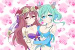  2girls aqua_hair blue_eyes blush breast_press breasts brown_hair carrie_alberta clarice_umbra cleavage demon_girl head_fins head_wings heart highres hug large_breasts long_hair multiple_girls pointy_ears pop-up_story red_eyes shell shell_hair_ornament short_hair siren_(mythology) smile succubus 
