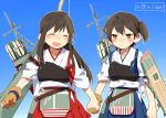  akagi_(kantai_collection) apron brown_hair d.y.x. japanese_clothes kaga_(kantai_collection) long_hair muneate side_ponytail tasuki translation_request 