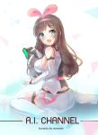  1girl a.i._channel artist_name blue_eyes blush breasts brown_hair controller copyright_name game_controller hairband highres holmemee kizuna_ai large_breasts long_hair looking_at_viewer open_mouth sideboob sitting smile solo teeth thigh-highs wariza white_legwear 