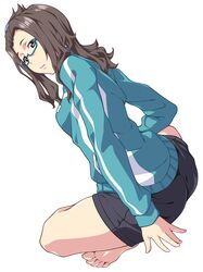  1girl aqua-framed_eyewear arm_support barefoot black_shorts brown_eyes brown_hair dutch_angle full_body glasses jacket kouzuki_sanae looking_back ponytail sakura_quest shorts sitting solo yoshimo_(yoshimo) 