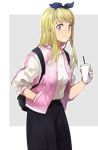  1girl backpack bag blonde_hair blue_eyes blue_nails bow cup earrings eyebrows_visible_through_hair fullmetal_alchemist grey_background hair_bow hands_in_pockets jacket jewelry long_hair looking_at_viewer nail_polish pants pink_jacket riru shirt simple_background solo white_background white_shirt winry_rockbell 