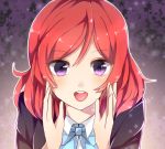  1girl :d black_jacket blue_bow blue_bowtie bow bowtie eyebrows_visible_through_hair jacket long_hair looking_at_viewer love_live! love_live!_school_idol_project nishikino_maki open_mouth portrait redhead shirt smile solo violet_eyes white_shirt 