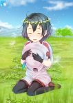  1girl backpack bag bangs black_gloves black_hair black_legwear blurry brown_shoes bucket_hat circle_name closed_eyes dandelion_seed day depth_of_field facing_viewer flower_wreath gloves grass hat hat_feather hat_removed headwear_removed highres holding holding_hat kaban_(kemono_friends) kemono_friends kisaragi_miyu mountain multiple_girls outdoors pantyhose_under_shorts parted_lips pink_shorts red_shirt shirt shoes short_hair short_sleeves shorts sitting sky smile solo watermark yokozuwari 