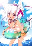  1girl animal_ears bikini blush breasts collar collarbone day fang hair_ornament hair_ribbon hikanyan inubashiri_momiji looking_at_viewer medium_breasts nature navel ocean open_mouth outdoors red_eyes ribbon short_hair silver_hair solo swimsuit tail touhou wolf_ears wolf_tail 