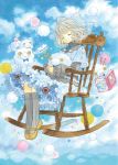  animal blue_bow blue_bowtie blue_dress blue_sky book bow bowtie braid chair closed_eyes clouds crown_braid dress frilled_dress frills glasses grey_legwear hair_bow holding holding_animal knitting_needle light_brown_hair needle open_book original outdoors rocking_chair sheep shoes short_hair sky sleeping socks takanashi_tsubasa yarn yarn_ball yellow_shoes 