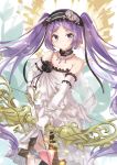  1girl absurdres bare_shoulders blush breasts cleavage elbow_gloves euryale eyebrows_visible_through_hair fate/grand_order fate_(series) gloves highres holding_bow_(weapon) holmemee jewelry long_hair looking_at_viewer medium_breasts necklace purple_hair smile solo standing twintails violet_eyes white_gloves 