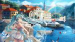  1girl aqua_hair bird boat building dress green_eyes hatsune_miku highres l.bou long_hair montenegro rainbow seagull solo twintails umbrella very_long_hair vocaloid watercraft yacht 